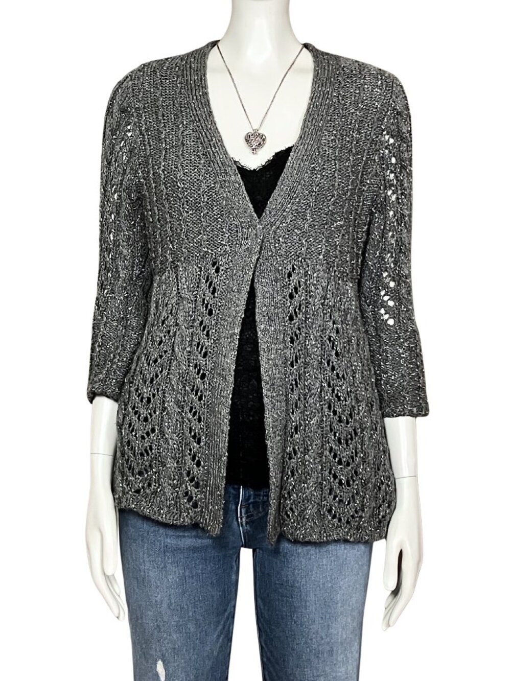 Vintage Y2K Gray Crochet Cardigan Sweater. Small. 3/4 Bell Sleeve Whimsigoth